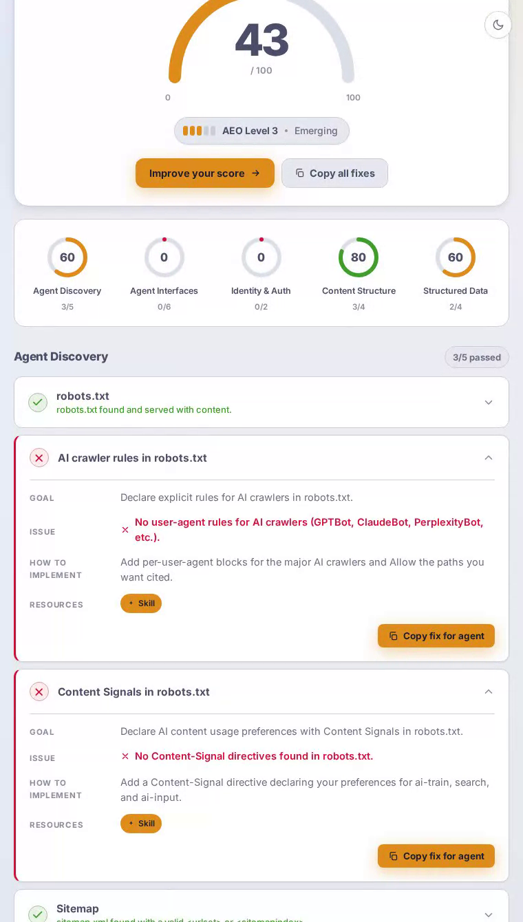 Página de inicio de Sweetgreen como la ve un agente de IA — contenido de menú estructurado visible, pero sin respuesta Markdown ni encabezados Link presentes