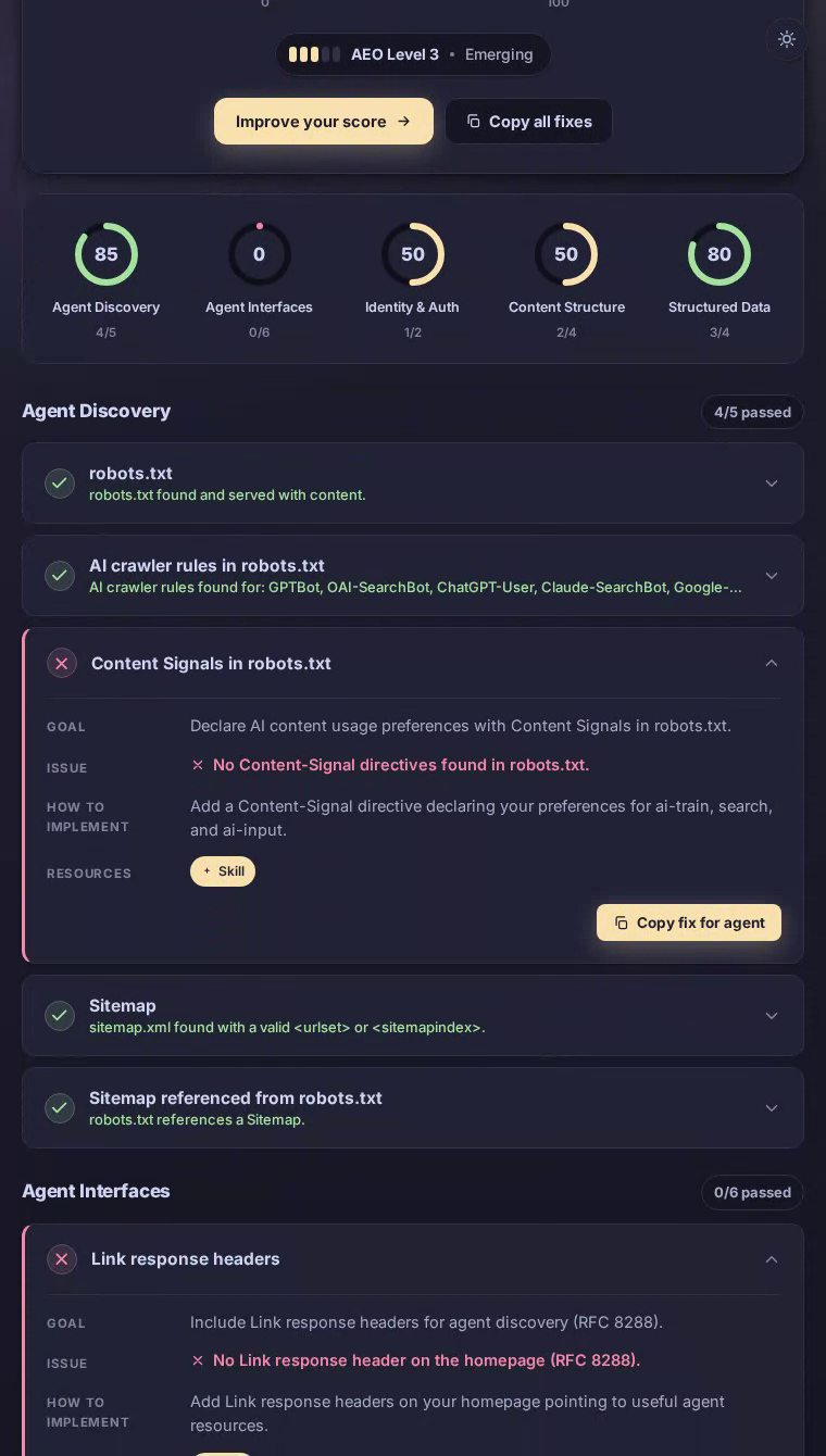 Figma's homepage as an AI agent sees it: strong metadata layer, but no machine-callable interfaces or agent discovery endpoints surfaced