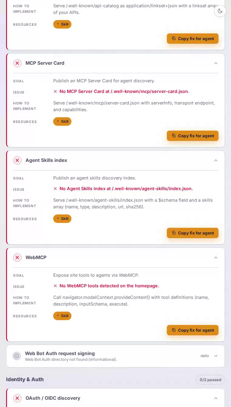 robots.txt de Mosquito Joe — el descubrimiento de agentes obtiene 85, pero las directivas Content-Signal faltantes dejan las preferencias de contenido de IA completamente sin declarar